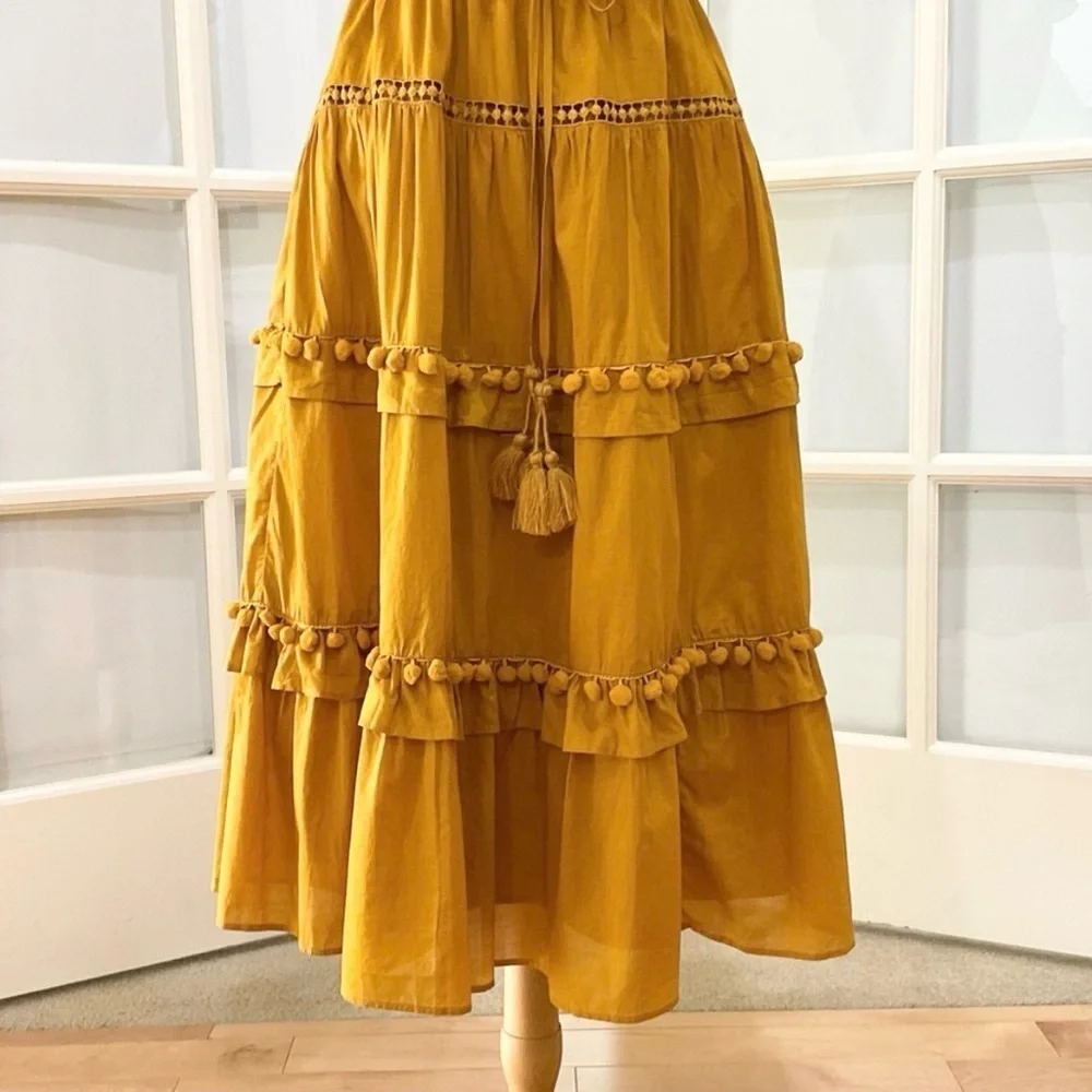 J.CREW | POINT SUR TIERED FLUTTER RUFFLE POM POM MIDI DRESS IN YELLOW SIZE 2